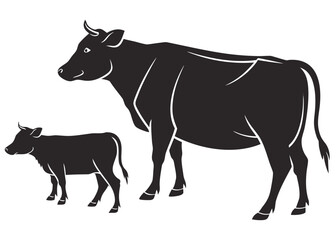 Fototapeta premium Silhouette of a Cow and Calf Standing Side by Side on a White Background cattle black and white