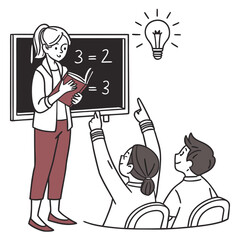 Teacher Explaining Math Problem on Chalkboard to Elementary Students with One Student Raising Their Hand to Answer