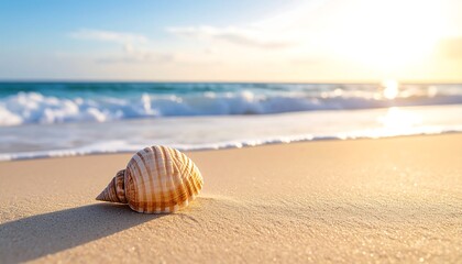 Obraz premium Golden hour beach scene: Seashell resting on sandy shore with turquoise ocean waves