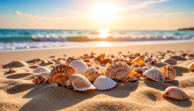 Golden hour beach bounty: Seashells shimmer on sandy shore at sunset coastal harmony