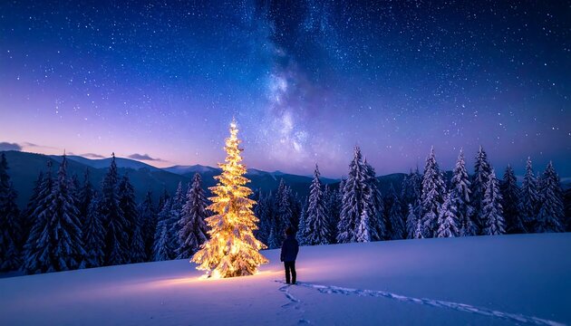 A luminous Christmas tree stands tall beneath a starlit sky, illuminated by golden lights, as a solitary figure gazes at the celestial spectacle in a winter wonderland.