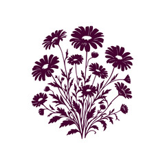 Elegant purple silhouette of a daisy flower bouquet on a white background.