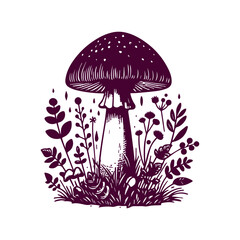 Enchanted forest mushroom with plants and flowers illustration