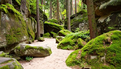 Enchanting forest pathway adorned with moss-covered rocks in Bohemian Switzerland