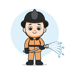 Cartoon Firefighter Girl Ready for Action Holding Hose with Water Spray Smiling and Standing Against Light Blue Backdrop Oval Shape