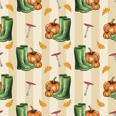 Watercolor Seamless Autumn Pattern with Pumpkins, Rubber Boots, Mushrooms and Fall Leaves onstriped background
