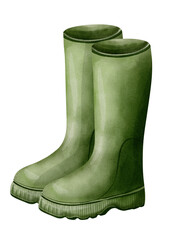 Watercolor isolated illustration of green rubber boots on transparent background 