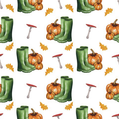 Watercolor autumn season seamless pattern with green boots, pumpkin and mushroom on transparent background 