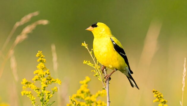 A vibrant yellow finch perches serenely on a branch amidst a backdrop of golden wildflowers, showcasing a tranquil and sunny natural scene.