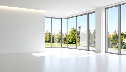 Obraz premium Empty modern room with large windows overlooking a park