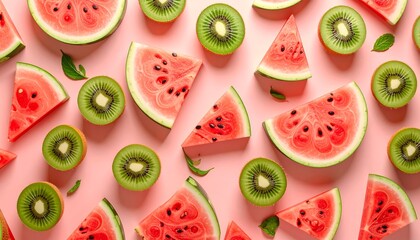 Fresh watermelon and kiwi slices arranged on a pink surface