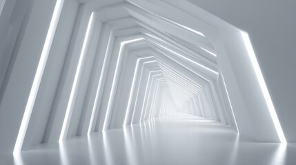 Obraz premium Futuristic white corridor with geometric shapes and bright lighting