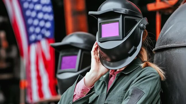 Skilled female welder prepares for work, adjusting her protective helmet with confidence, showcasing her expertise and readiness in a vibrant Labor Day celebration atmosphere