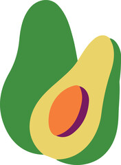 Cartoon illustration of whole avocado and half avocado with seed isolated on white background 