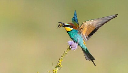 Obraz premium A vibrant bee-eater in flight, perched near a purple flower, displays a stunning array of colors against a soft, muted backdrop.