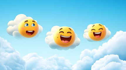 Obraz premium Cheerful emoji clouds floating in a bright blue sky, creating a joyful atmosphere for children