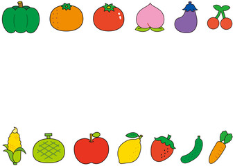 野菜, 果物, フレーム, 八百屋, 食材, 食品, 生活, 食事, セット, トウモロコシ, イチゴ, 玉ねぎ, 食べ物, トマト, プチトマト, みかん, オレンジ, かぼちゃ, 人参, キュウリ, ナス, リンゴ, 桃, レモン, サクランボ, 栄養, 鮮度, 栽培, 農作物, 家庭, 給食, 料理, 健康, サラダ, メッセージ, 掲示板, お知らせ, 伝言板,, 自然, 擬人化, キャラ