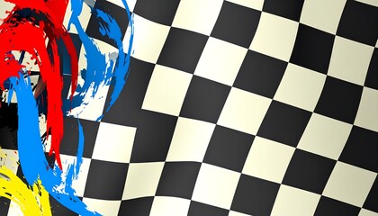 A vibrant design featuring a checkered flag with dynamic brushstrokes of primary colors, creating a powerful and energetic visual.