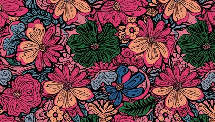 Obraz premium Retro floral pattern, 60s style, organic pattern reminiscent of the psychedelic era.