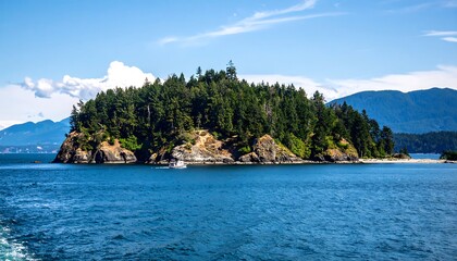 A tranquil island landscape, showcasing lush green forests, dramatic rocky shores, and a tranquil body of deep blue water, bathed in the sunlight of a beautiful day.