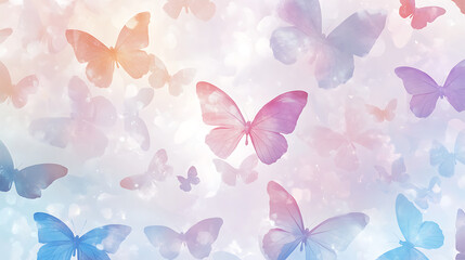 Fototapeta premium Colorful butterflies in various shades fluttering against a soft, dreamy background with light bokeh