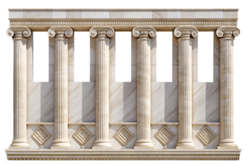 Classical stone facade with Corinthian columns and empty window openings architecture isolated on a transparent background
