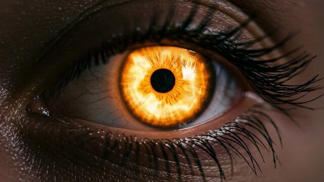 Close-up Human Eye with Burning Reflection for Intense Portrait Against Dark Background