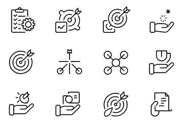 Vector art of business and strategy icons representing goals, planning, technology, and success