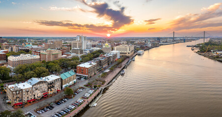Waterfront River Street in Savannah, Georgia. Historic American architecture of old historical...
