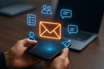 Man holding smartphone with holographic icons representing customer service and communication, including email, chat, and contact lists