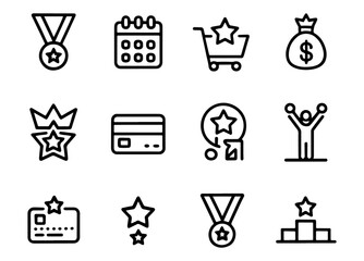 Vector art of set of reward and achievement icons featuring medals, shopping cart, money bag, credit card, and winner on podium