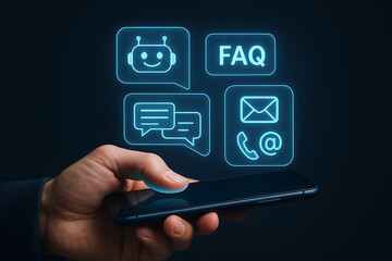 Hand holding a phone with floating holographic icons for a chatbot, frequently asked questions, email, and phone contact, illustrating a comprehensive approach to customer support