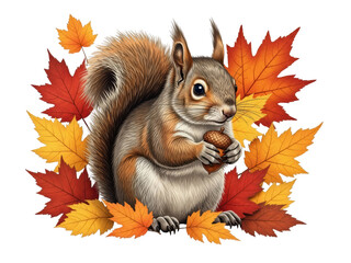 Cute squirrel holding acorn with autumn leaves.