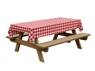 Wooden picnic table with red checkered tablecloth.