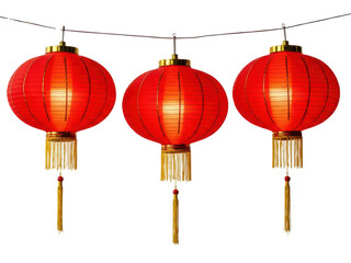 Traditional red Chinese lanterns hanging on string.