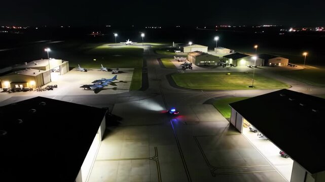 Aerial night view of illuminated airbase hangars with aircraft and moving lights