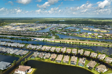 Flooded houses from hurricane Debby rainfall water in residential community in Sarasota, Florida....
