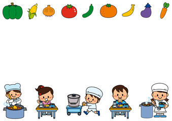 給食, フレーム, 学校, 食育, 小学生, 小学校, 保育園, 幼稚園, 子供, 給食当番, 給食係, かぼちゃ, トウモロコシ, 玉ねぎ, トマト, きゅうり, みかん, バナナ, ナス, にんじん, 配膳, 白衣, 人物, かわいい, メッセージ, 飾り枠, お知らせ, 枠, メモ, ご飯, 給食着, 男の子, 女の子, 食品, 衛生, 清潔, きれい, 子供向け, 明るい, 可愛い, 牛乳 © 満載