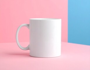 Blank white mug on a pink and blue background