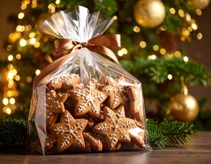 Christmas gift bag with decorated gingerbread cookies under tree with lights.
