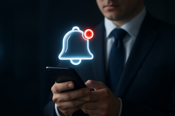 Man in a suit holding a smartphone with a glowing bell icon above it and a red notification dot, symbolizing mobile application alerts or reminders
