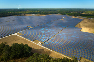Aerial view of big sustainable electric power plant with many rows of solar photovoltaic panels for producing clean electrical energy. Renewable electricity with zero emission concept