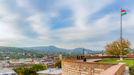Esztergom Rondelle bastion with Hungarian flag mast near Arpad Toth Promenade, serving as viewpoint...