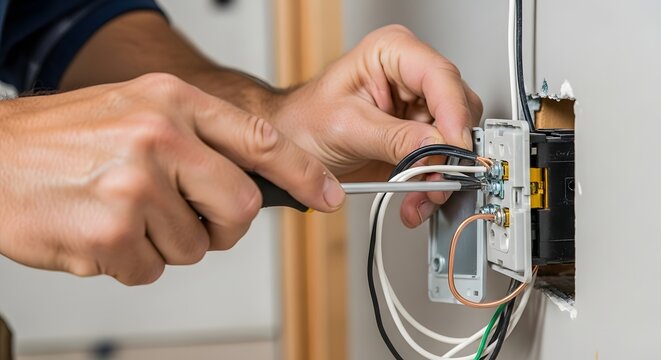 Electrician working on wiring with a screwdriver connecting wires in a wall outlet carefully