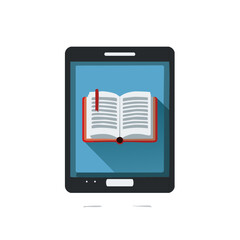 Tablet with Open Book Illustration on Blue Screen Digital Reading Concept