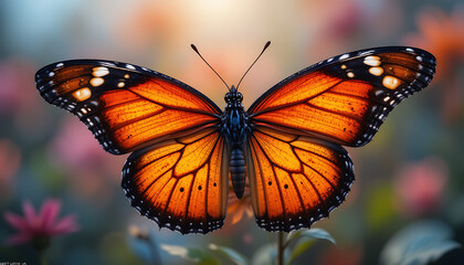 Naklejka premium Vivid Elegance of a Blue-Purple Butterfly Resting on a Pink Flower – Stunning Wing Colors, Natural Light, and Serene Garden Setting Captured in Close-Up Nature Photography for Wildlife, 4K image 