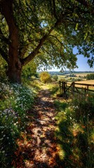 Sunny path through wildflowers, shaded by large tree