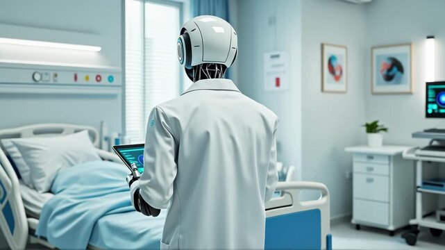 A humanoid robot doctor reviews data on a tablet and turns to the patient with a reassuring gesture, symbolizing the future of efficient, AI-driven healthcare and positive outcomes.