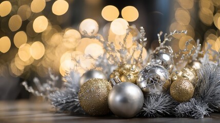 Elegant Christmas decoration with silver and gold baubles on frosted pine branches, festive holiday arrangement with sparkling bokeh lights, luxury New Year background