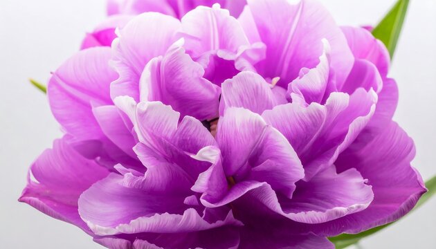 A close-up view of a vibrant, textured, double tulip with delicate, ruffled petals in shades of deep purple and white, displaying a stunning floral detail against a soft white backdrop.